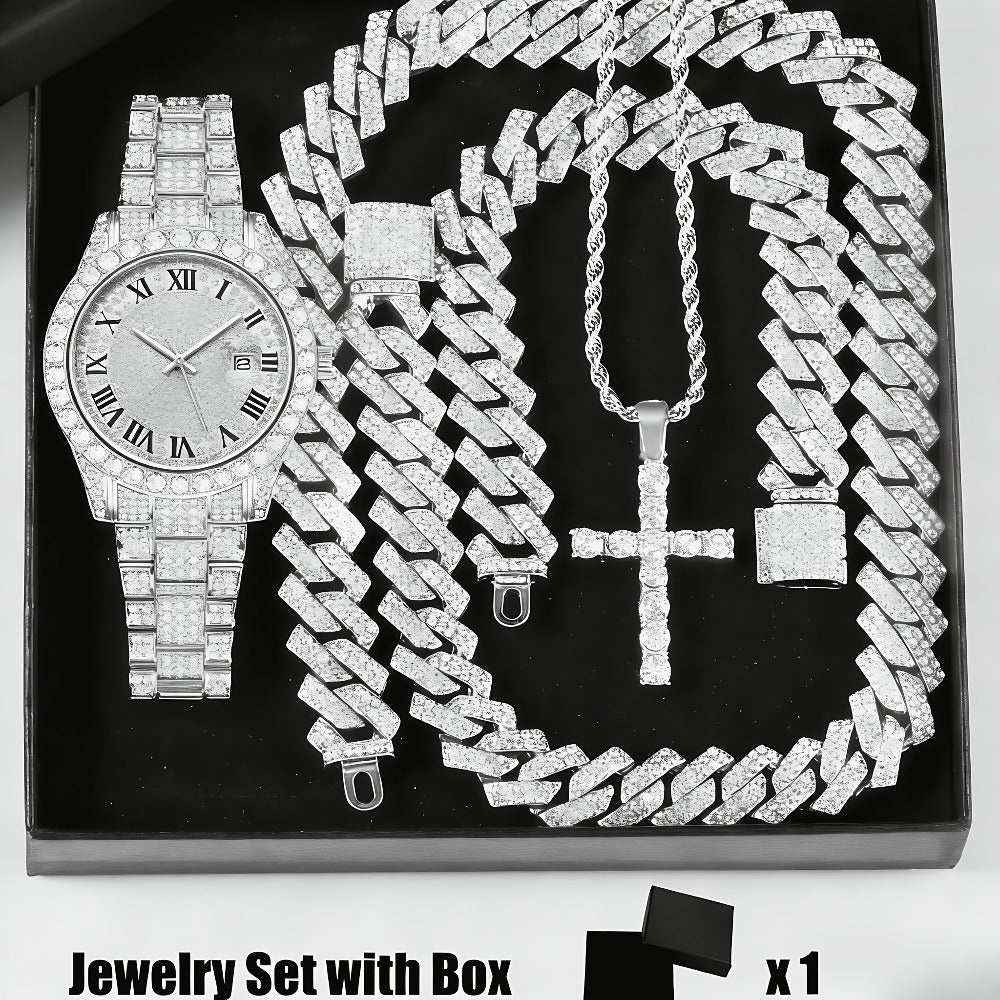 Bridal Jewelry Set - Rhinestone Watch & Cross Pendant 4-Piece for Men & Women 5A Crystal Quartz - product detail view 7