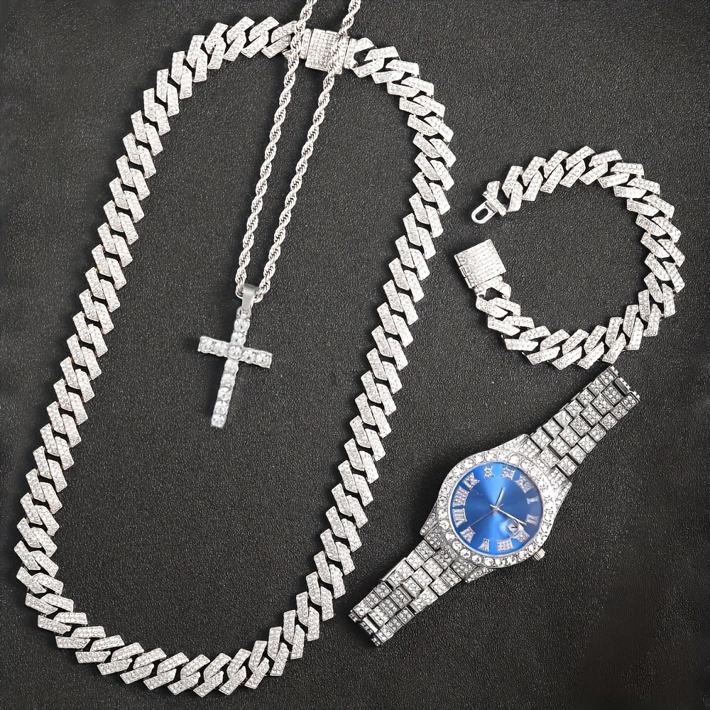 Bridal Jewelry Set - Rhinestone Watch & Cross Pendant 4-Piece for Men & Women 5A Crystal Quartz - product detail view 8
