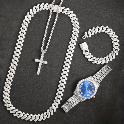 Bridal Jewelry Set - Rhinestone Watch & Cross Pendant 4-Piece for Men & Women 5A Crystal Quartz - product detail view 8