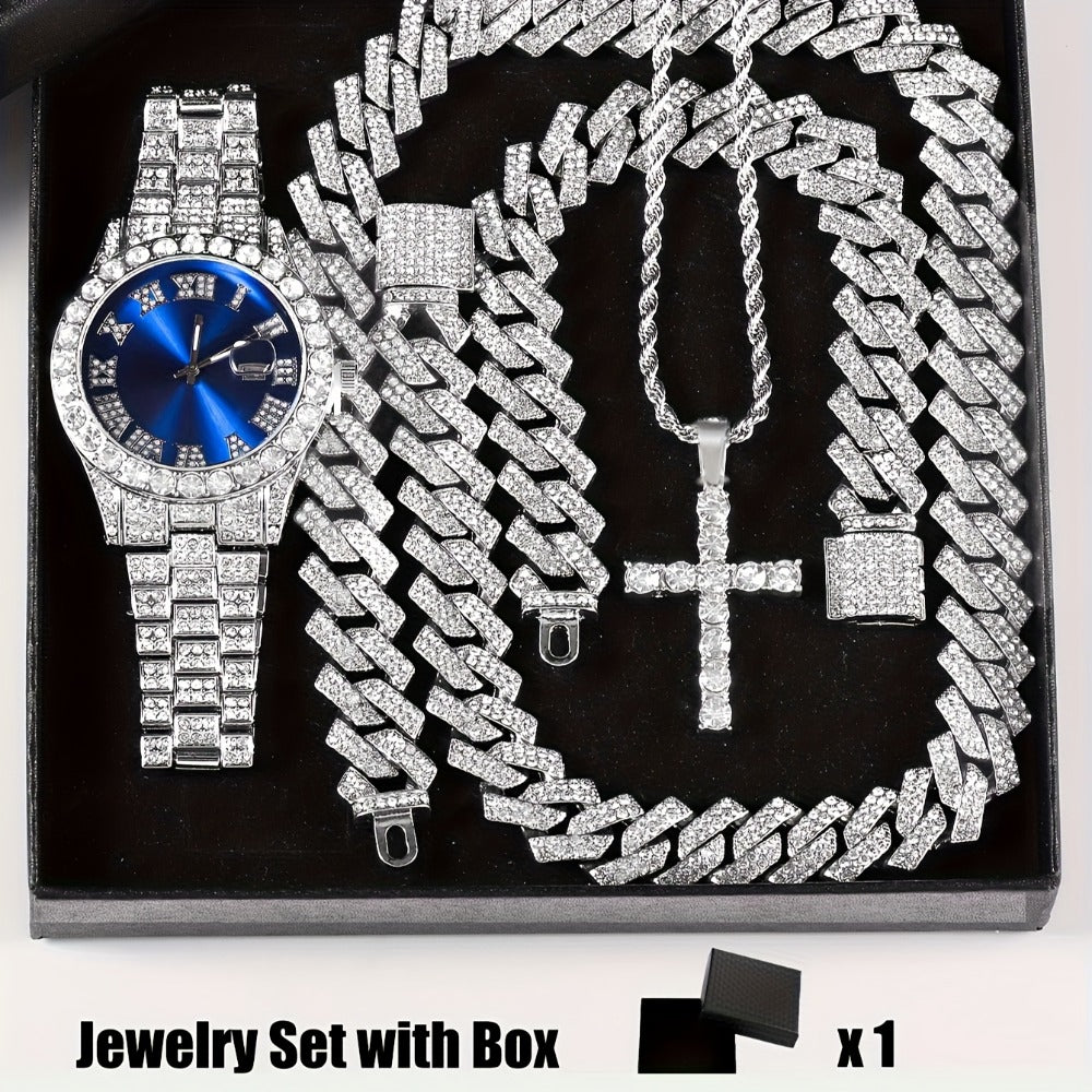 Bridal Jewelry Set - Rhinestone Watch & Cross Pendant 4-Piece for Men & Women 5A Crystal Quartz - product detail view 9