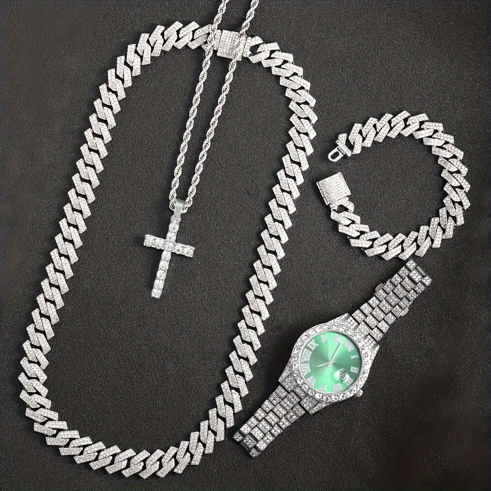 Bridal Jewelry Set - Rhinestone Watch & Cross Pendant 4-Piece for Men & Women 5A Crystal Quartz - product detail view 10