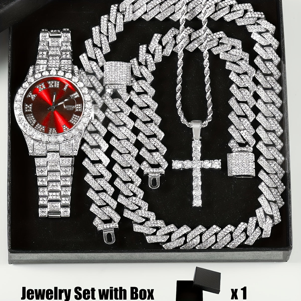 Bridal Jewelry Set - Rhinestone Watch & Cross Pendant 4-Piece for Men & Women 5A Crystal Quartz - product detail view 20