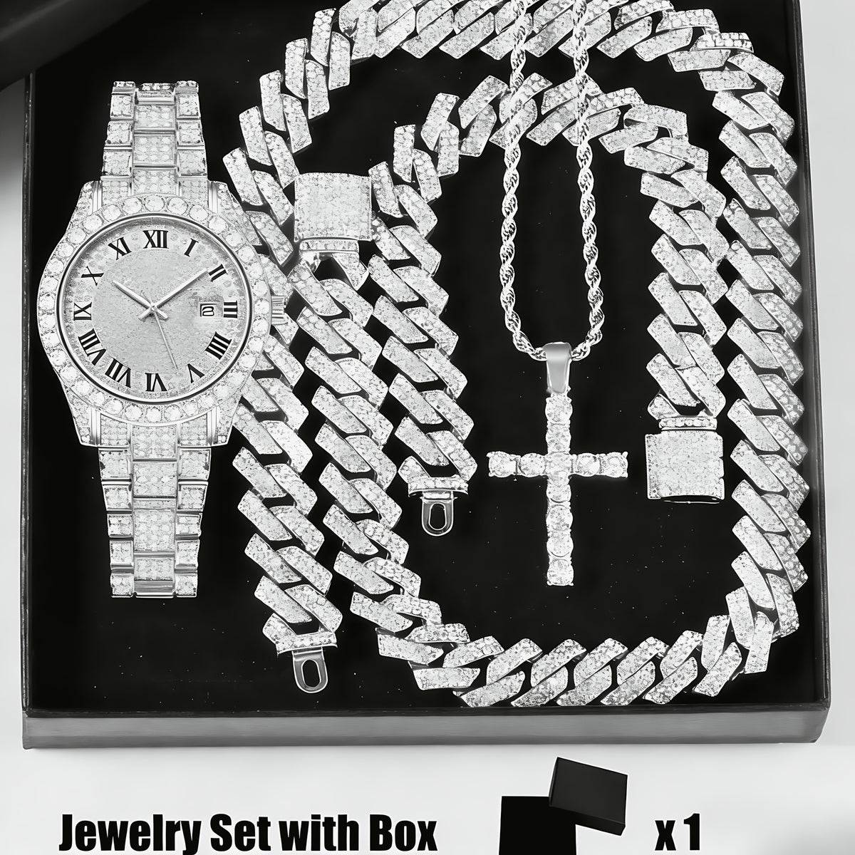 Bridal Jewelry Set - Rhinestone Watch & Cross Pendant 4-Piece for Men & Women 5A Crystal Quartz - product detail view 21
