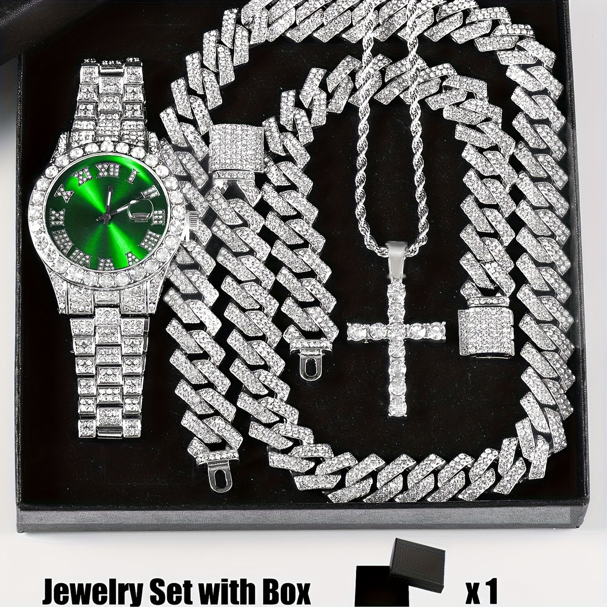 Bridal Jewelry Set - Rhinestone Watch & Cross Pendant 4-Piece for Men & Women 5A Crystal Quartz - product detail view 22