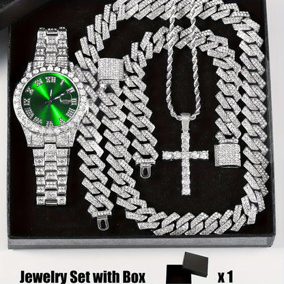 Bridal Jewelry Set - Rhinestone Watch & Cross Pendant 4-Piece for Men & Women 5A Crystal Quartz - product detail view 22