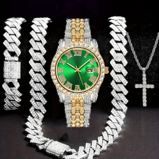 Bridal Jewelry Set - Men's Hip-Hop Rhinestone 4pcs - Quartz Watch with Calendar, Cross Pendant - main product view