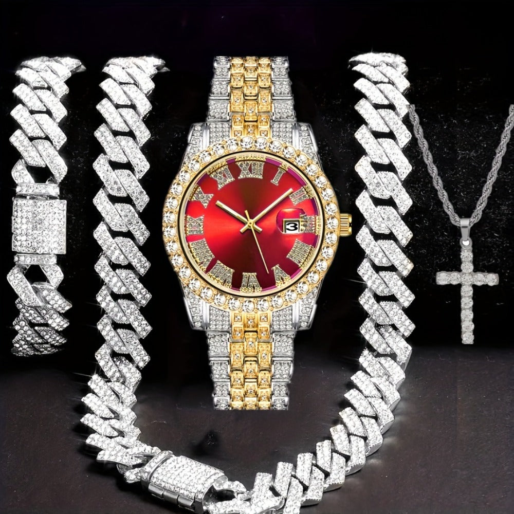 Bridal Jewelry Set - Men's Hip-Hop Rhinestone 4pcs - Quartz Watch with Calendar, Cross Pendant - product detail view 2
