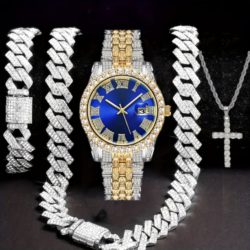Bridal Jewelry Set - Men's Hip-Hop Rhinestone 4pcs - Quartz Watch with Calendar, Cross Pendant - product detail view 3