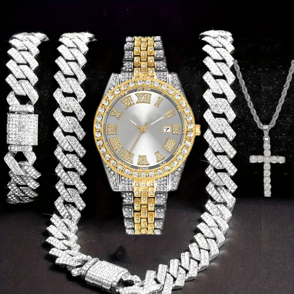 Bridal Jewelry Set - Men's Hip-Hop Rhinestone 4pcs - Quartz Watch with Calendar, Cross Pendant - product detail view 4