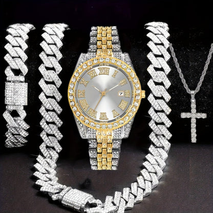 Bridal Jewelry Set - Men's Hip-Hop Rhinestone 4pcs - Quartz Watch with Calendar, Cross Pendant - product detail view 4