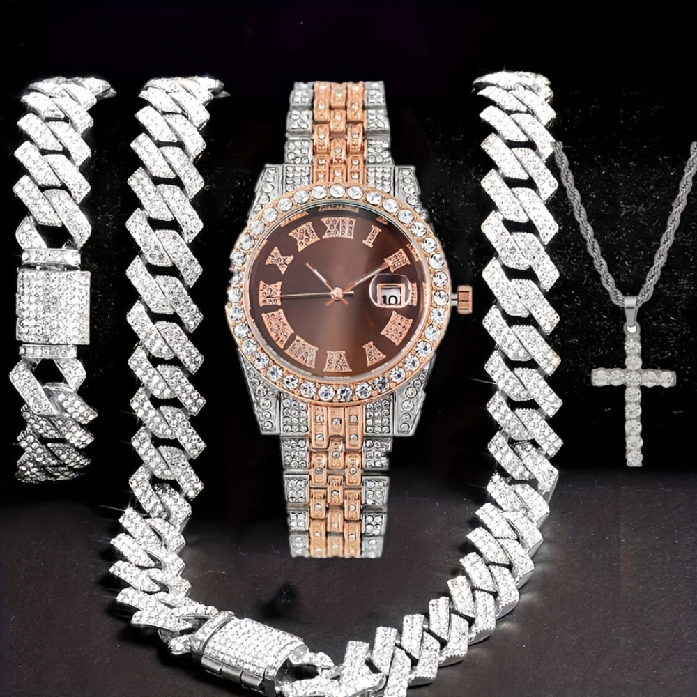 Bridal Jewelry Set - Men's Hip-Hop Rhinestone 4pcs - Quartz Watch with Calendar, Cross Pendant - product detail view 6