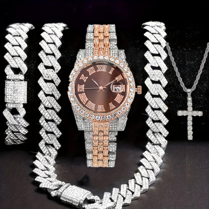 Bridal Jewelry Set - Men's Hip-Hop Rhinestone 4pcs - Quartz Watch with Calendar, Cross Pendant - product detail view 6