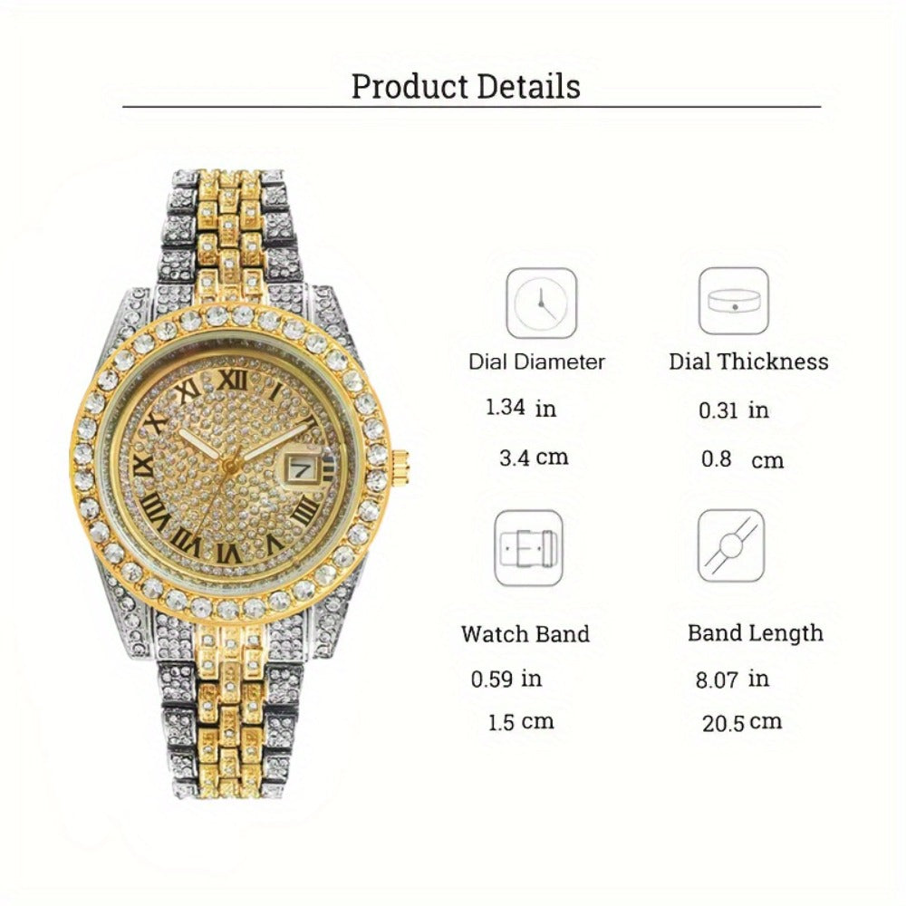 Bridal Jewelry Set - Men's Hip-Hop Rhinestone 4pcs - Quartz Watch with Calendar, Cross Pendant - product detail view 7