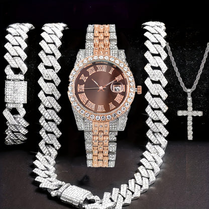 Bridal Jewelry Set - Men's Hip-Hop Rhinestone 4pcs - Quartz Watch with Calendar, Cross Pendant - product detail view 15