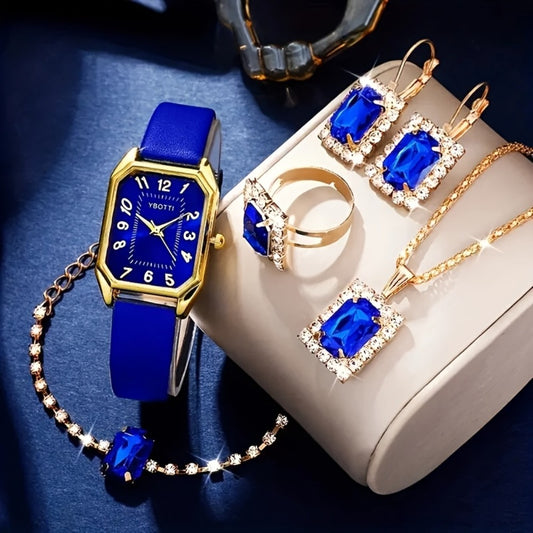Bridal Jewelry Set - Women's Watch & 6pcs PU Leather Quartz Watch with Matching Bracelet, Ring - main product view