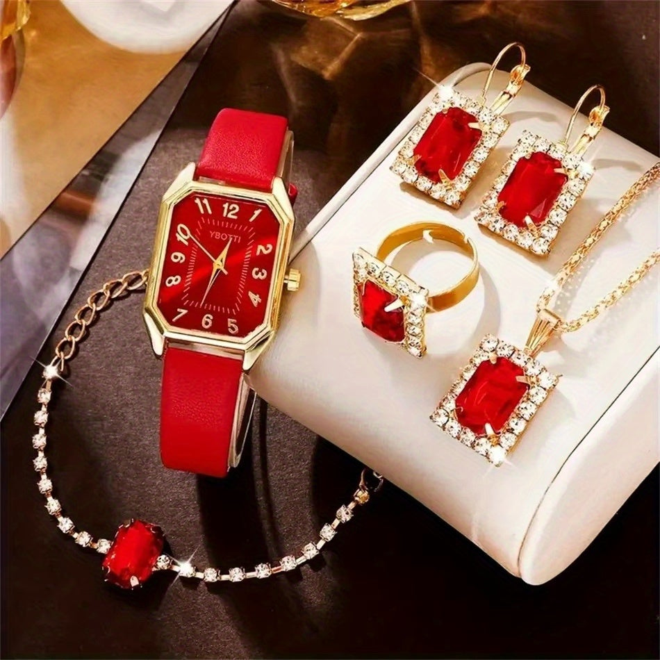 Bridal Jewelry Set - Women's Watch & 6pcs PU Leather Quartz Watch with Matching Bracelet, Ring - product detail view 12
