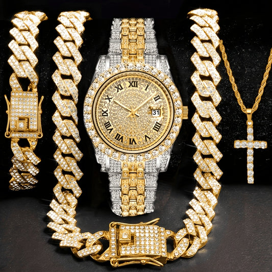 Bridal Jewelry Set - Men's Watch & Gift 4pcs - Luxury Gold Quartz Watch with Rhinestone, 14mm - main product view