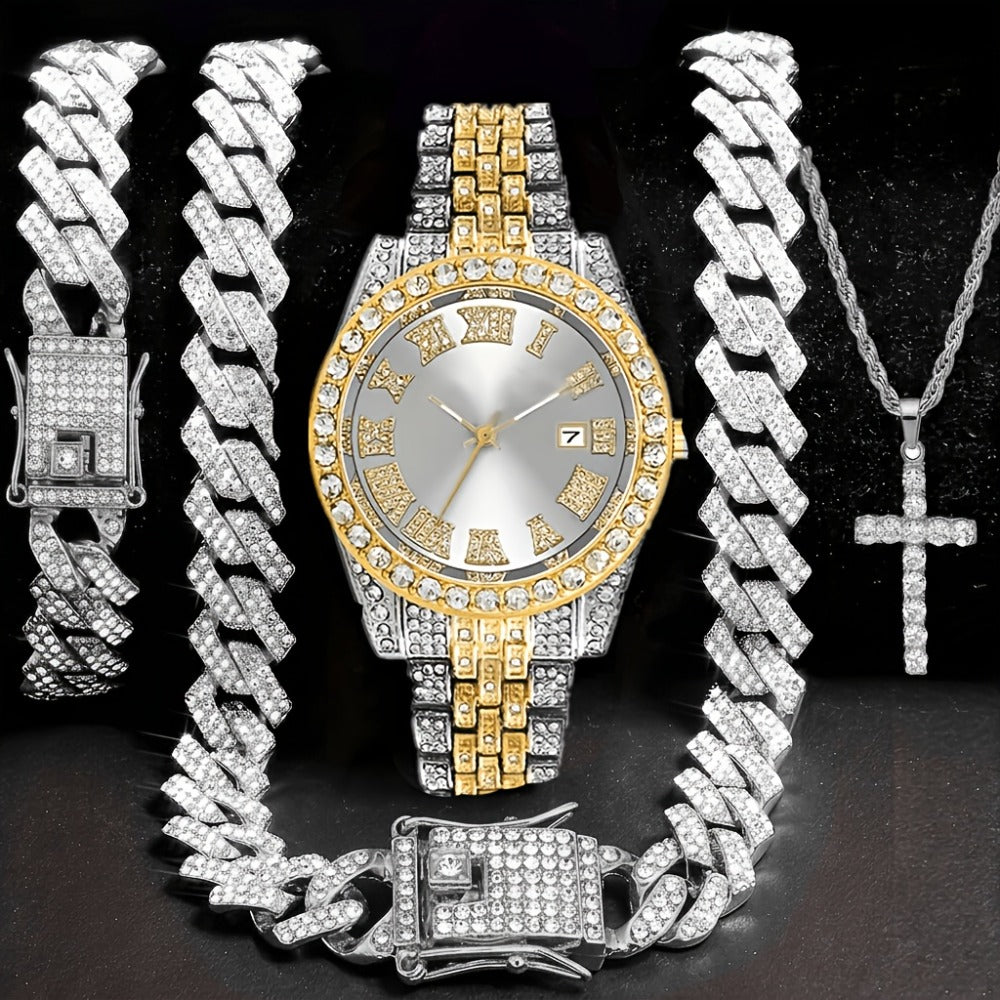 Bridal Jewelry Set - Men's Watch & Gift 4pcs - Luxury Gold Quartz Watch with Rhinestone, 14mm - product detail view 4
