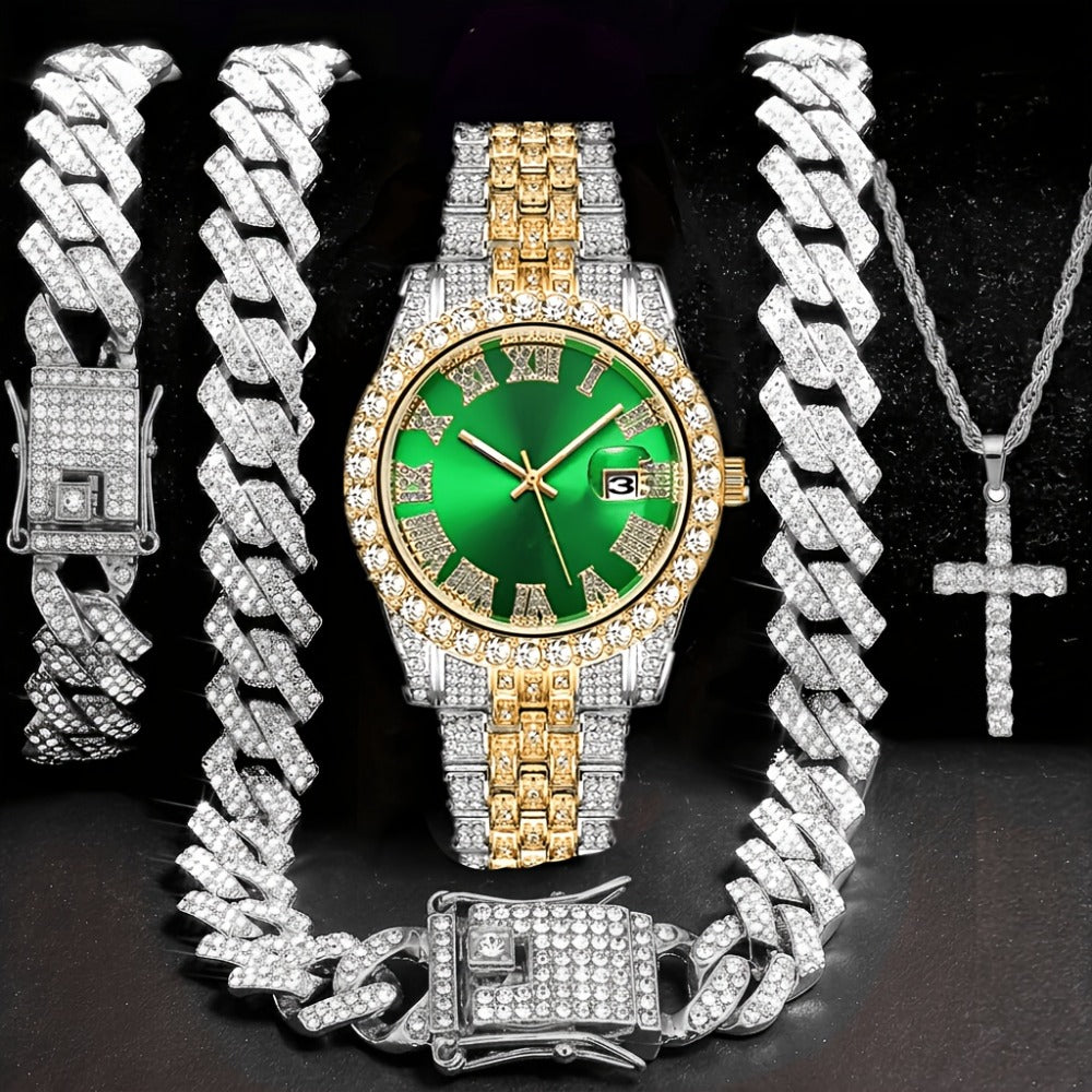 Bridal Jewelry Set - Men's Watch & Gift 4pcs - Luxury Gold Quartz Watch with Rhinestone, 14mm - product detail view 7