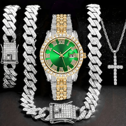 Bridal Jewelry Set - Men's Watch & Gift 4pcs - Luxury Gold Quartz Watch with Rhinestone, 14mm - product detail view 7