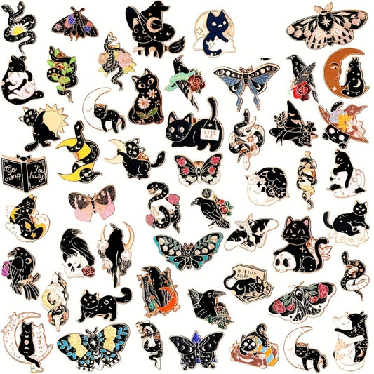 Brooch Pin - Black Enamel 100pcs Gothic Aesthetic Lapel Set Cats Butterflies Snakes - main product view