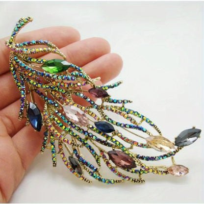 Brooch Pin - Feather Multicolor Rhinestone Long Feather Lapel Luxury Crystal Corsage - product detail view 7