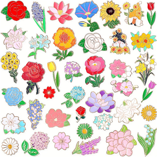 Brooch Pin - Flower Enamel 40pcs Floral Lapel Set Rose Sunflower Tulip Lily Hydrangea - main product view