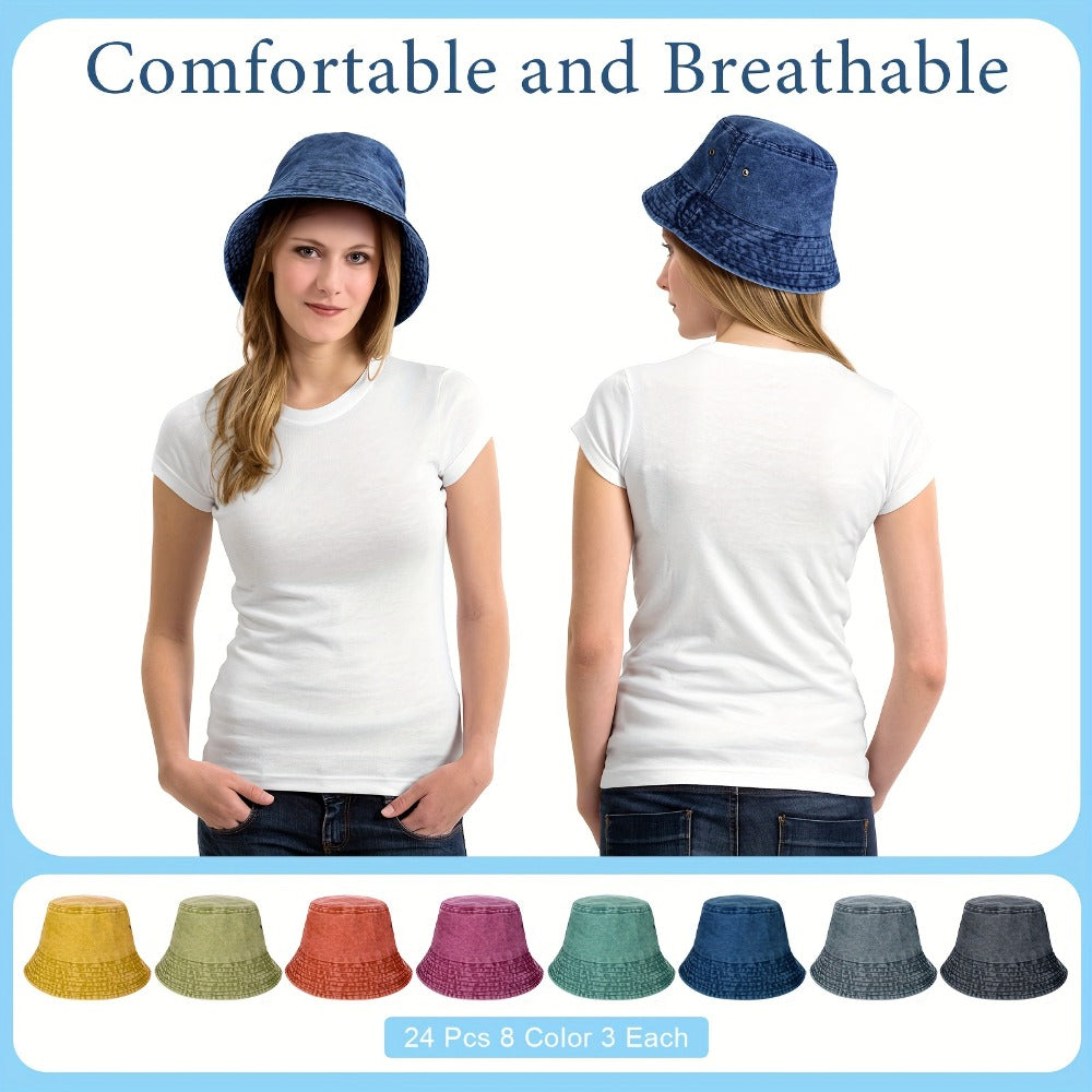 Bucket Hat - Bulk 24 Pcs Unisex Cotton Denim Summer Sun Multicolor Beach Fishing - product detail view 2