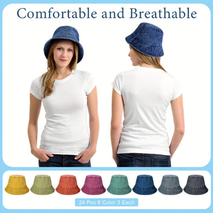 Bucket Hat - Bulk 24 Pcs Unisex Cotton Denim Summer Sun Multicolor Beach Fishing - product detail view 2