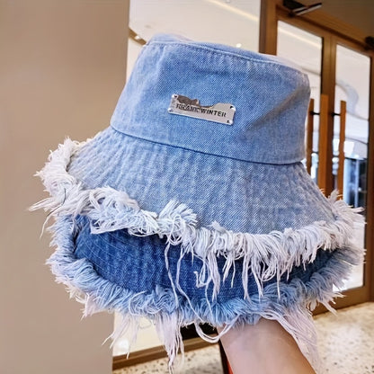 Bucket Hat - Unisex Distressed Raw Hem Lightweight Dark Blue Vintage Washed Sun for Men - main product view