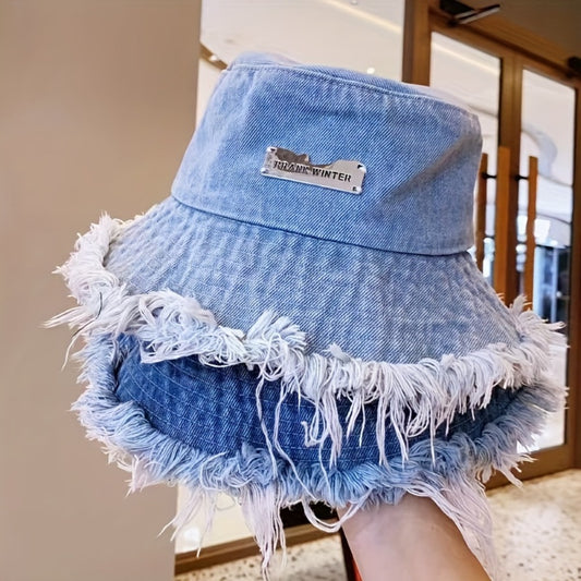 Bucket Hat - Unisex Distressed Raw Hem Lightweight Dark Blue Vintage Washed Sun for Men - main product view
