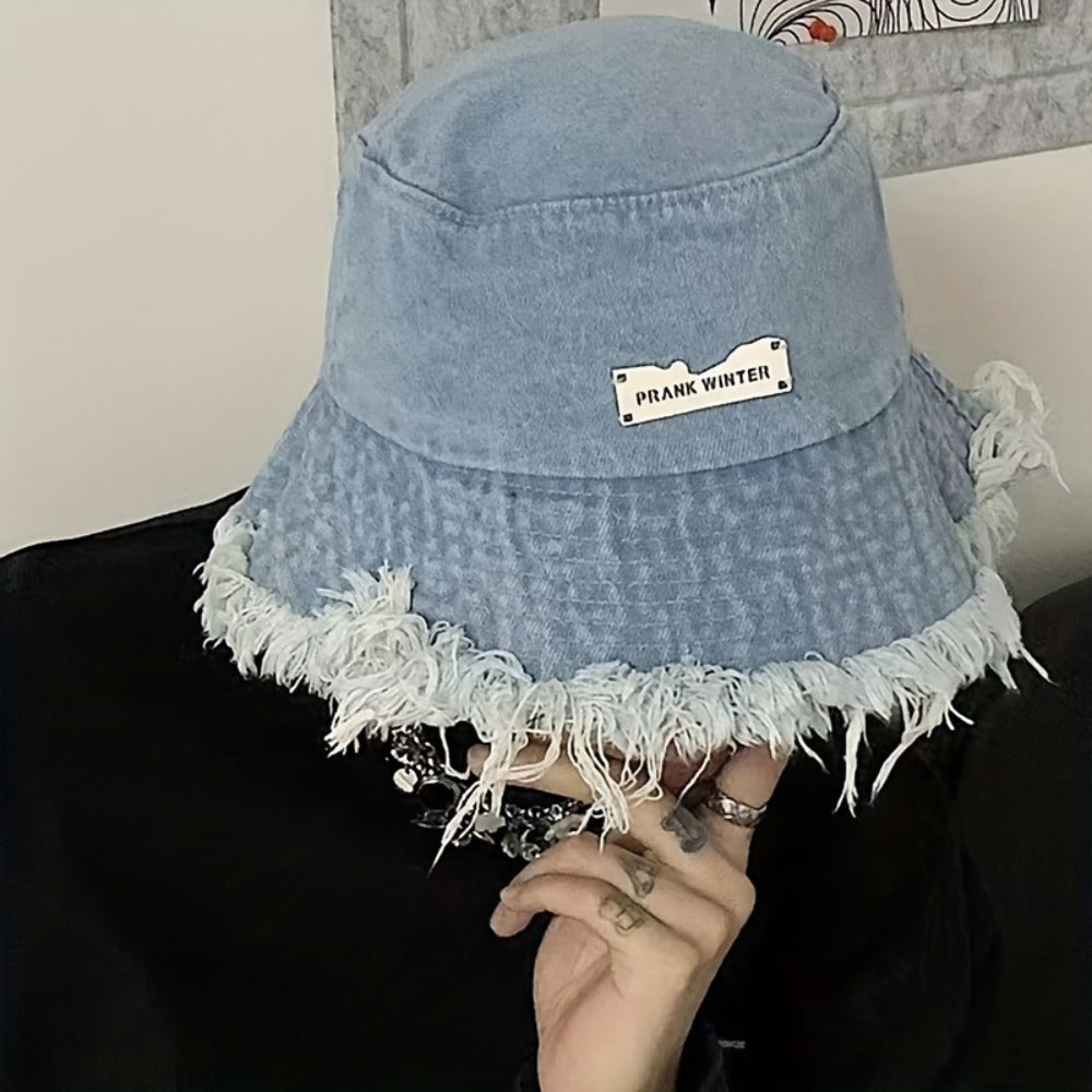 Bucket Hat - Unisex Distressed Raw Hem Lightweight Dark Blue Vintage Washed Sun for Men - product detail view 2