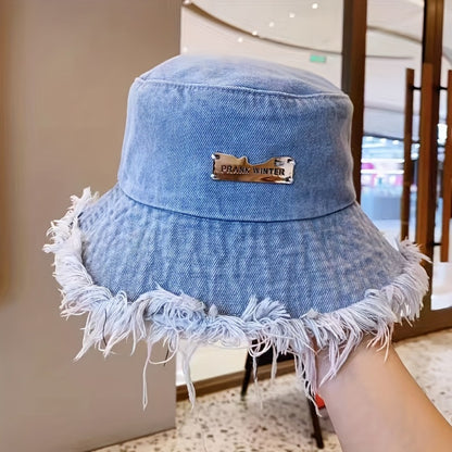 Bucket Hat - Unisex Distressed Raw Hem Lightweight Dark Blue Vintage Washed Sun for Men - product detail view 6