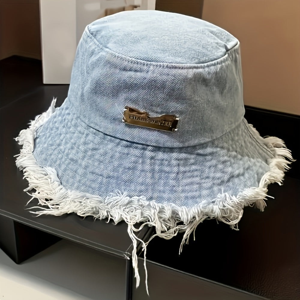 Bucket Hat - Unisex Distressed Raw Hem Lightweight Dark Blue Vintage Washed Sun for Men - product detail view 7