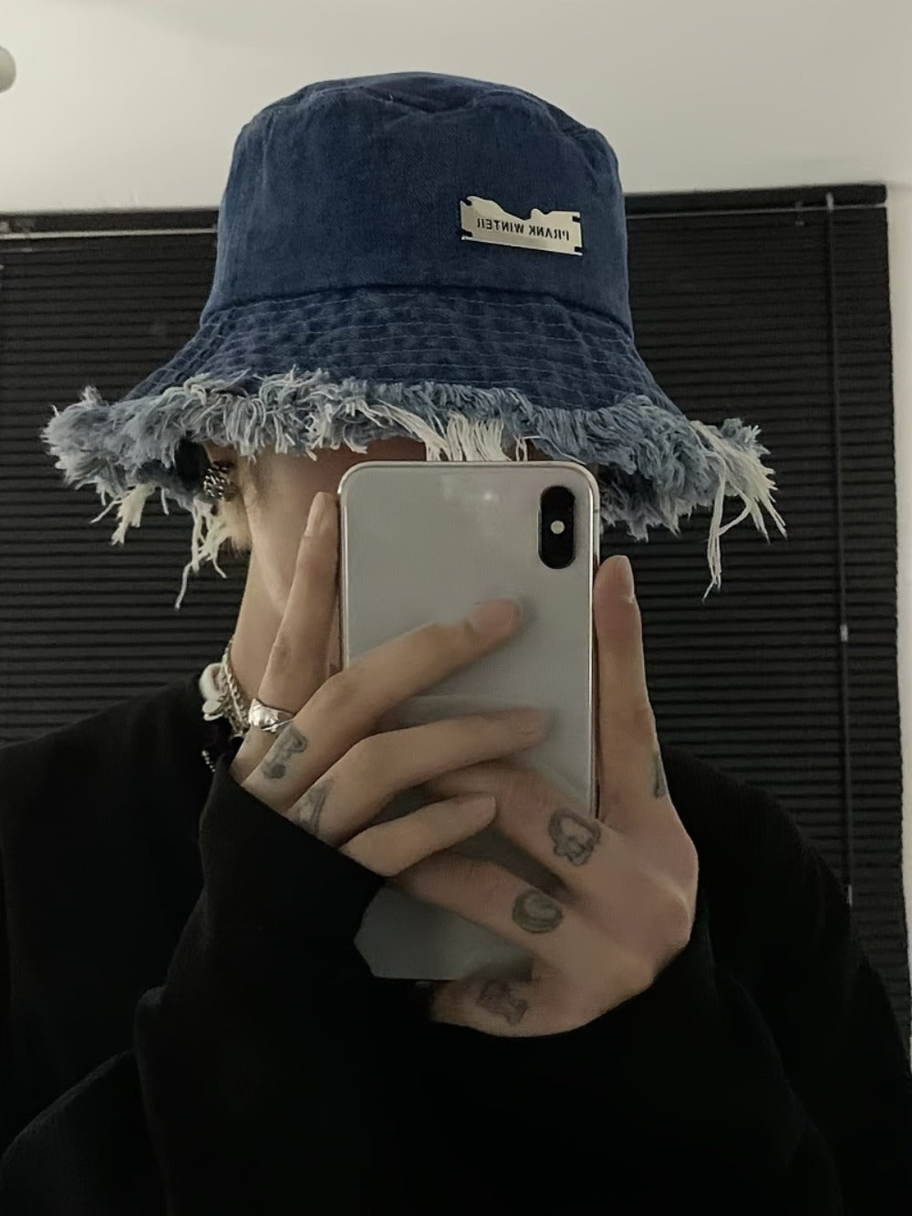 Bucket Hat - Unisex Distressed Raw Hem Lightweight Dark Blue Vintage Washed Sun for Men - product detail view 8