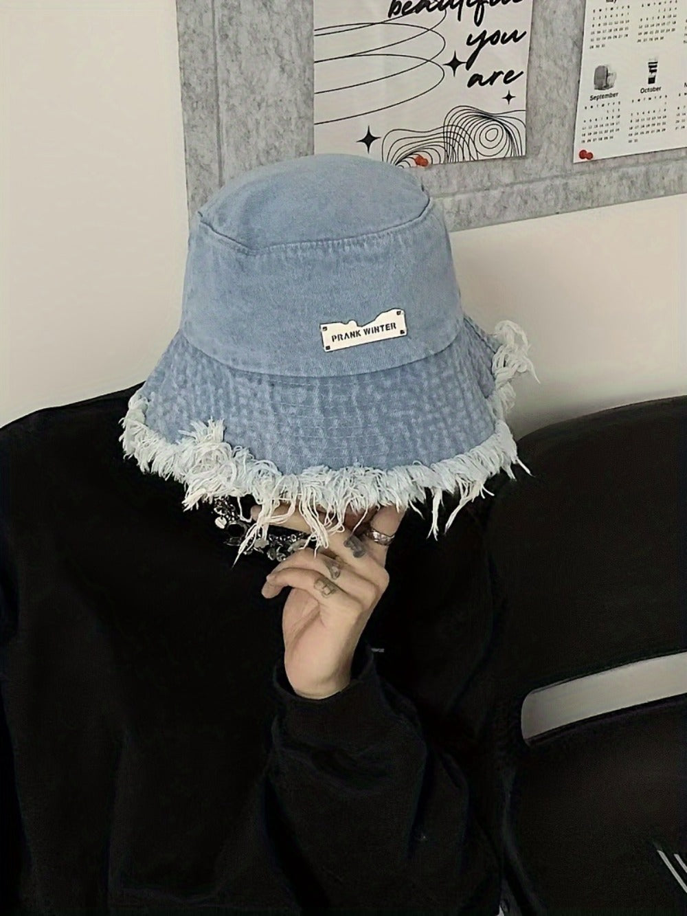 Bucket Hat - Unisex Distressed Raw Hem Lightweight Dark Blue Vintage Washed Sun for Men - product detail view 10
