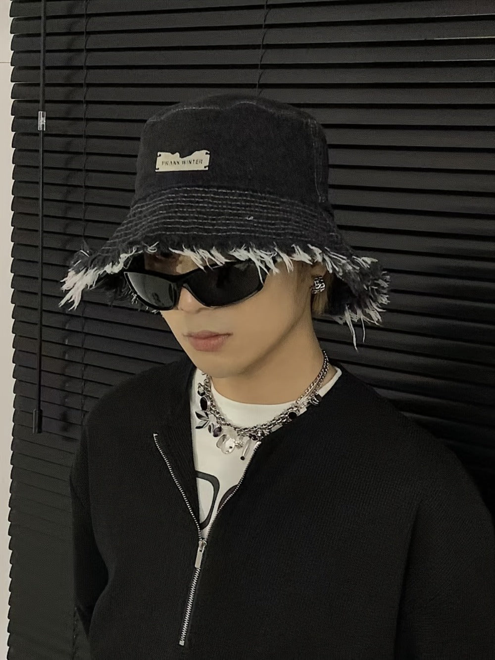 Bucket Hat - Unisex Distressed Raw Hem Lightweight Dark Blue Vintage Washed Sun for Men - product detail view 11