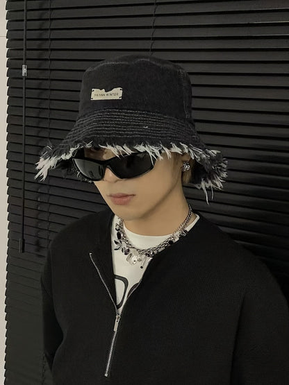 Bucket Hat - Unisex Distressed Raw Hem Lightweight Dark Blue Vintage Washed Sun for Men - product detail view 11