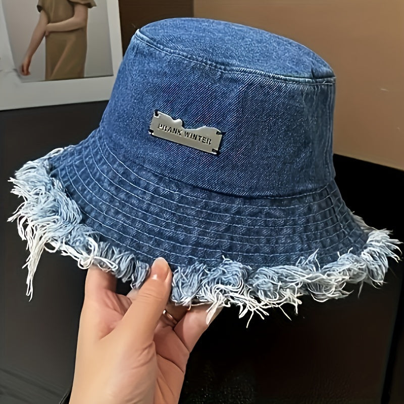 Bucket Hat - Unisex Distressed Raw Hem Lightweight Dark Blue Vintage Washed Sun for Men - product detail view 14