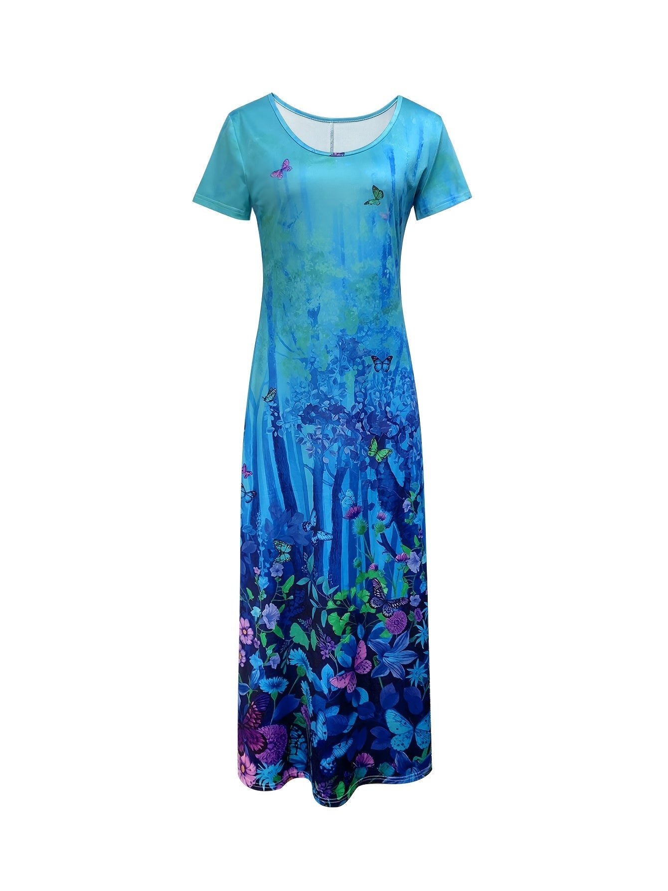 Butterfly Print Dress with Short Sleeves – Blue Vacation Midi detail view