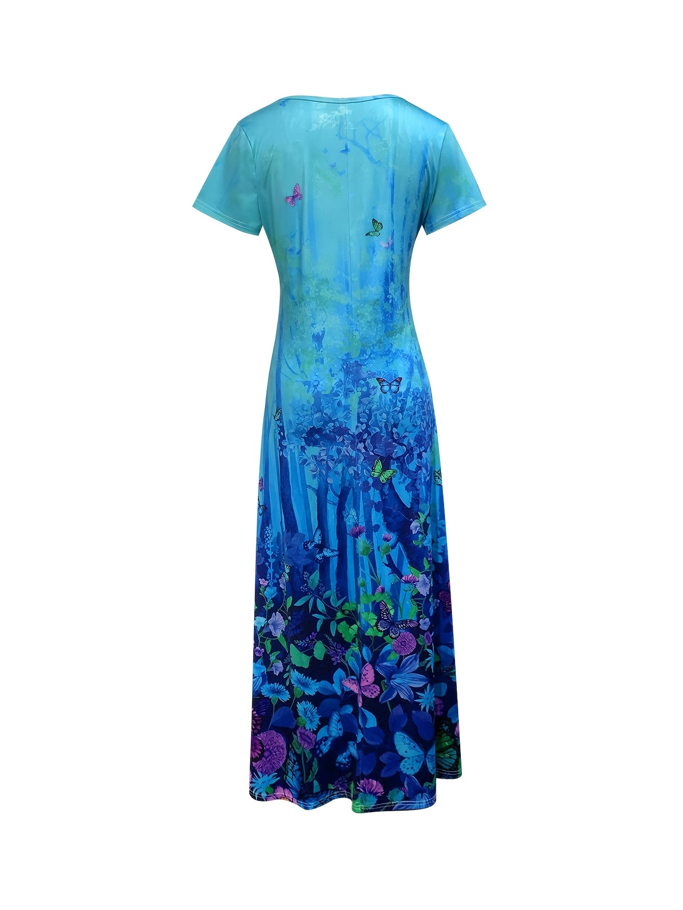 Butterfly Print Dress with Short Sleeves – Blue Vacation Midi detail view