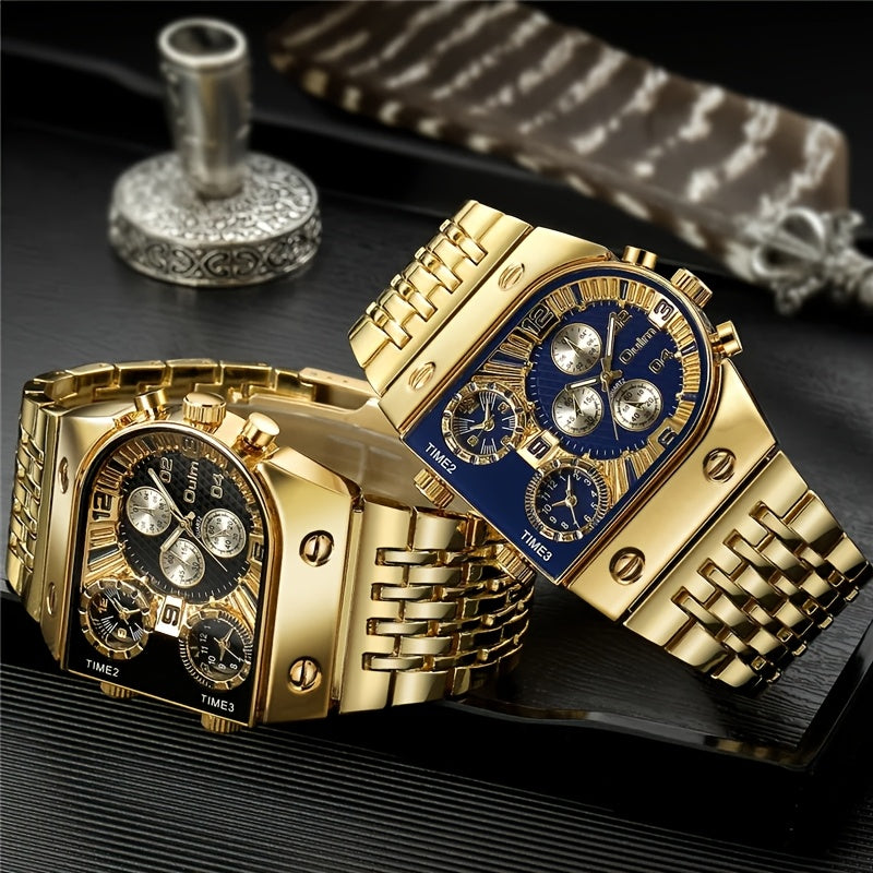 Gold Watch for Men Luxury Quartz Chronograph Roman Numeral Dial Date Multi-Timezone Alloy Band Business Formal Dress Wristwatch Golden Silver Blue Black
