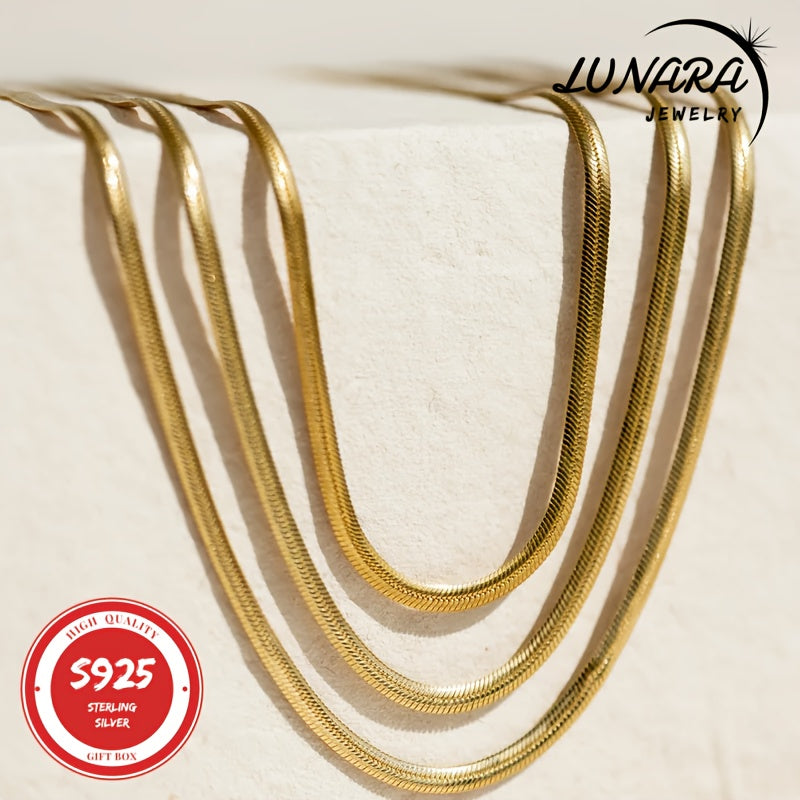 2D Flat - 24K Golden Plated Necklace, 925 Sterling Silver Necklaces, 3.5mm Herringbone Flat Snake Magic Chain Necklace For Women & Men With A Gift Box, Perfect Valentine'S Day Gift