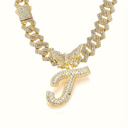 Cuban Link Chain Necklace - Initial Letter for Men Women - with Butterfly Alphabet Pendant A-Z, Gold & - product detail view