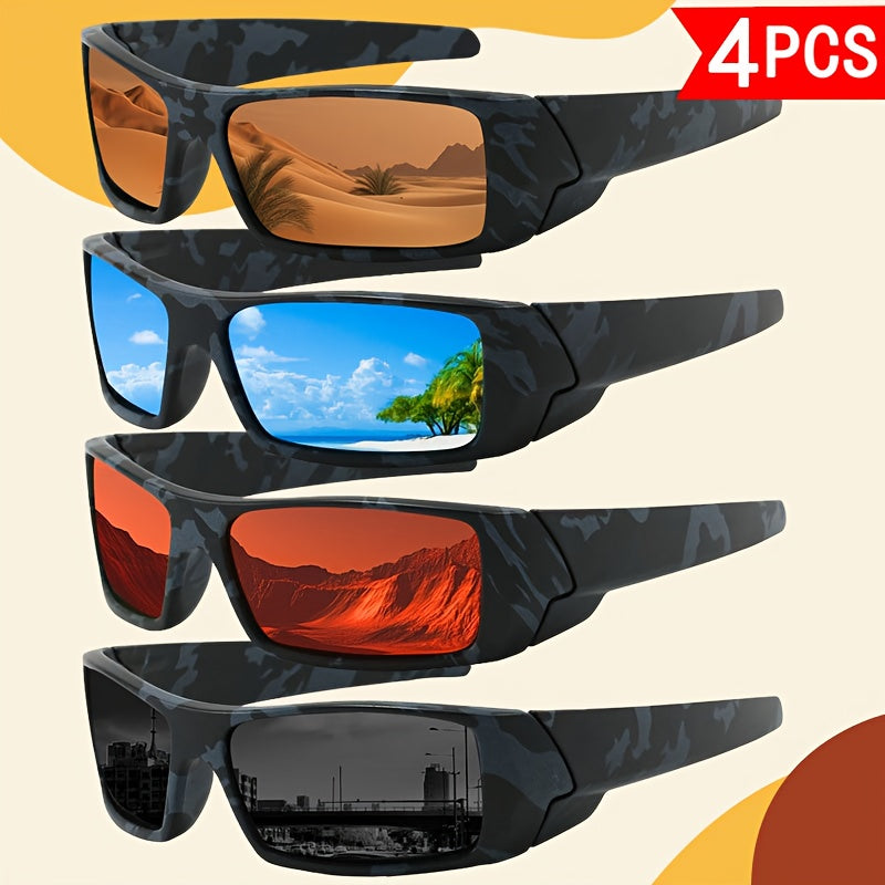 Polarized Sports Sunglasses 4 Pack – HD Lenses Cross Frame Design for Men, Camouflage & Solid Color Combos, Multi-Light Condition Eyewear, Outdoor Driving Cycling Fishing Set