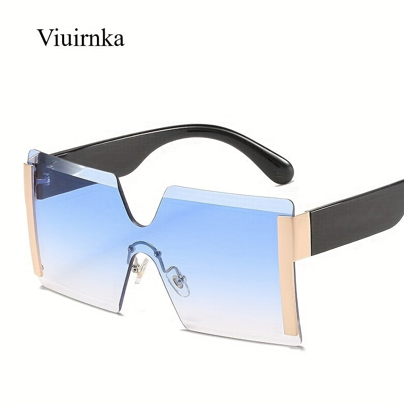 Oversized Frameless Glasses Women Gold Frame Retro Square Fashion Eyewear with Case Lightweight Unisex Events Halloween Christmas Gift Golden Tea Blue Purple Pink