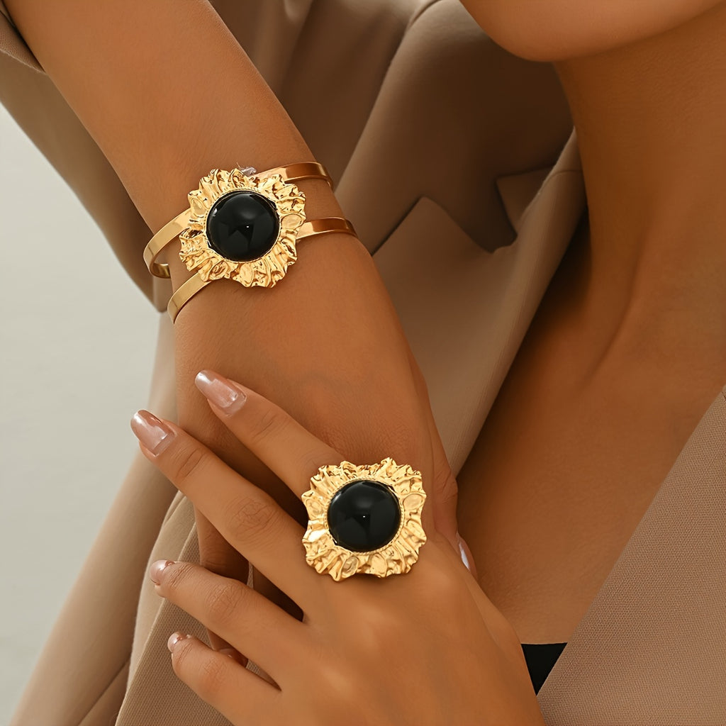 [Fashion Jewelry Set] 1 Ring and Bracelet Set | Women's Fashion Jewelry Retro Geometric Black Acrylic for Everyday All-in-One Party Gifts - Local Warehouse