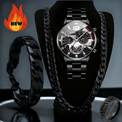 Men's Watch Set 4pcs - Quartz Analog Wristwatch with Date Display, Alloy Case & Strap, Glamorous Round Dial, Casual Fashion Watch Bundle Gift for Men, Christmas Valentine Birthday