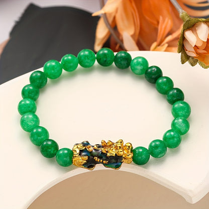 Pi Xiu Bracelet Set of 4 – Natural Green Malachite Stone 8mm Beads with Gold Accents, Handmade Chinese Feng Shui Wealth Bracelet for Good Luck & Prosperity, Includes Storage Pouch