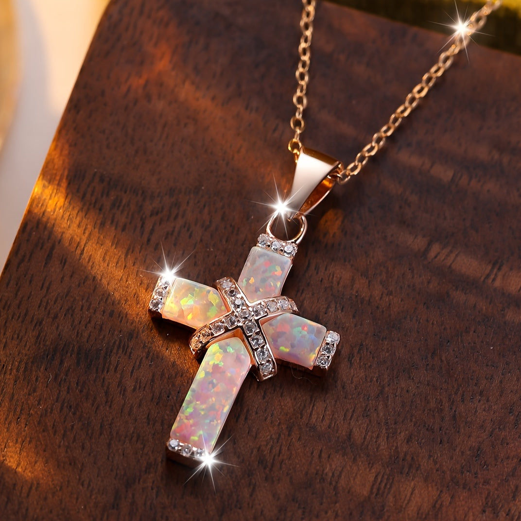 Silvery Exquisite Luxury White Synthetic Australian Synthetic Opal Cross Necklace for Women